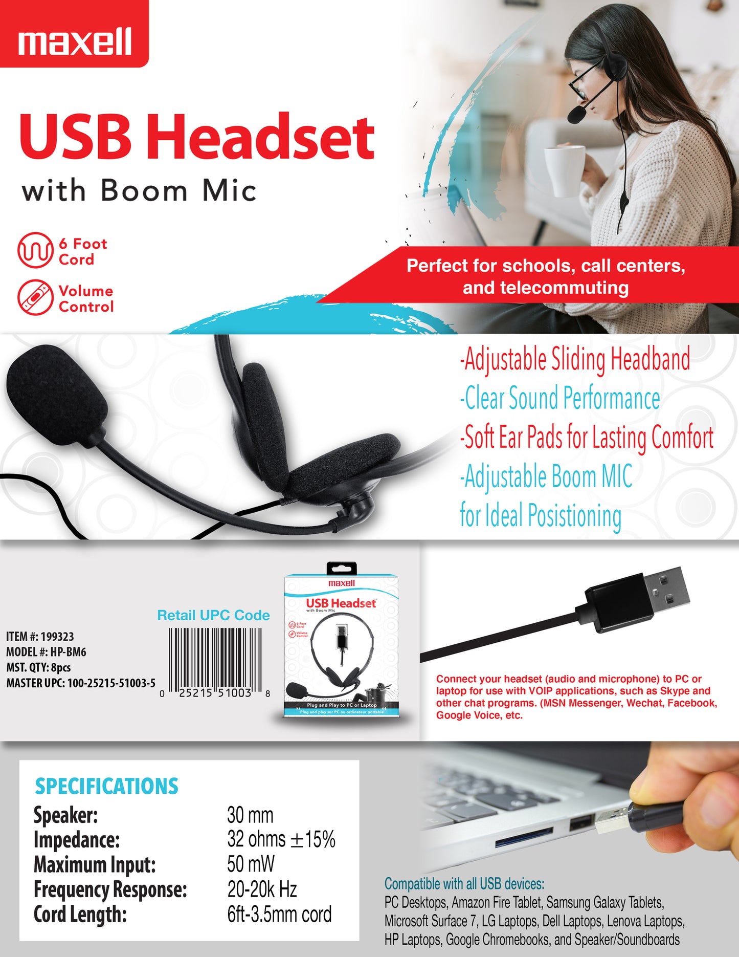 Audífonos Maxell Usb Con Microfono Control De Volumen 1.8Mts