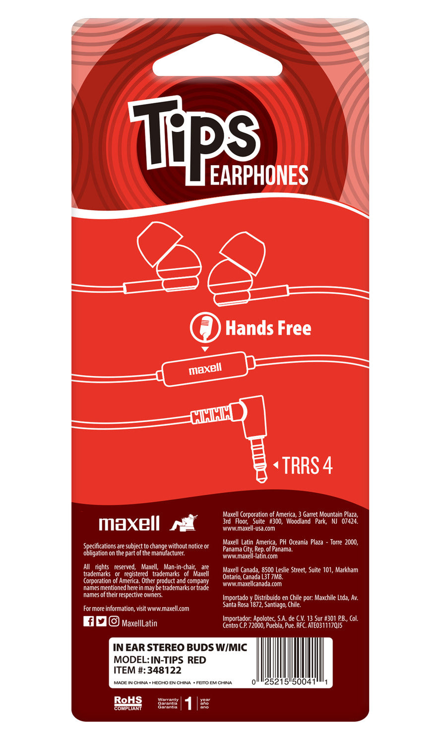 Audífonos Maxell IN-TIPS Con Micrófono In Ear Rojo