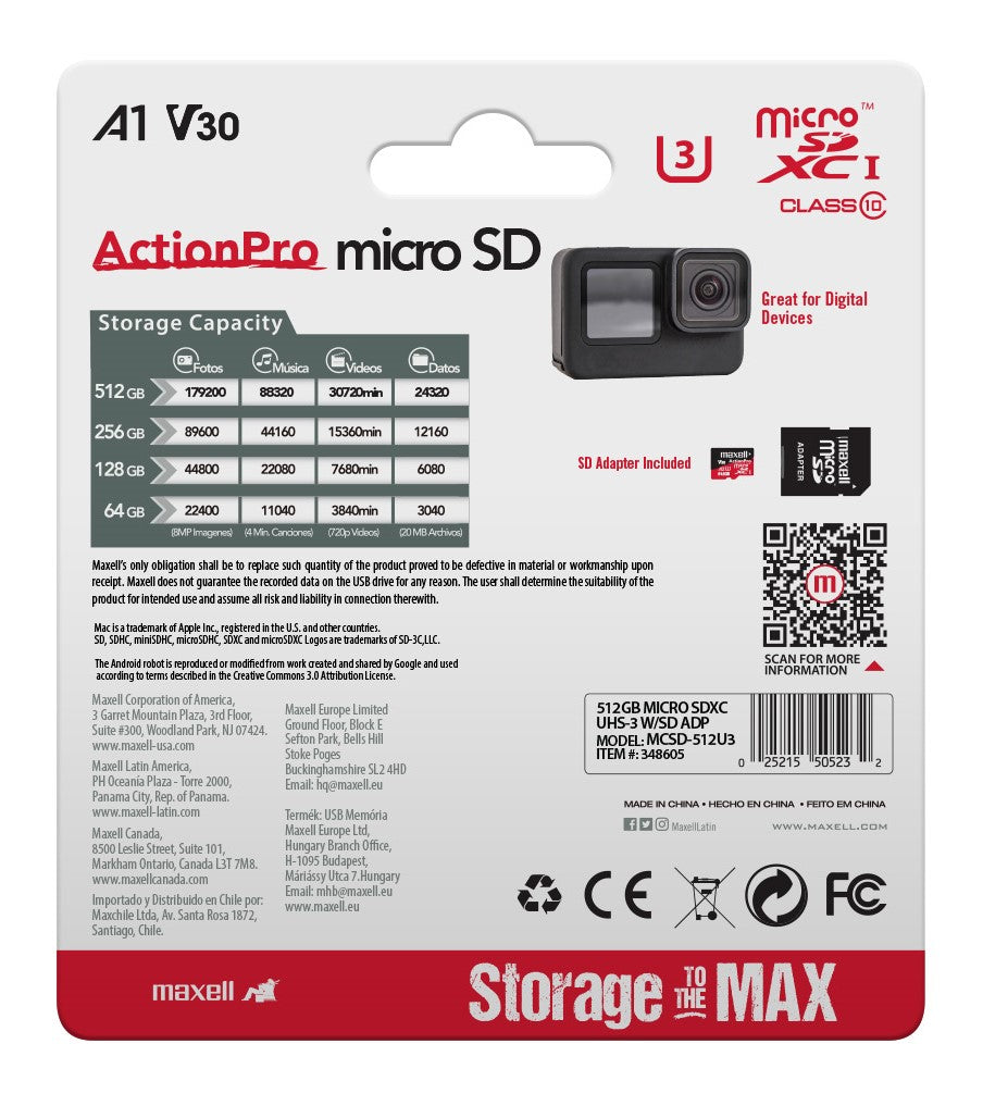 Tarjeta MicroSD Maxell 512GB UH-3 8K 100MB/S
