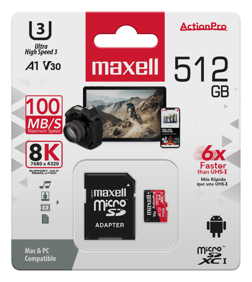 Tarjeta MicroSD Maxell 512GB UH-3 8K 100MB/S