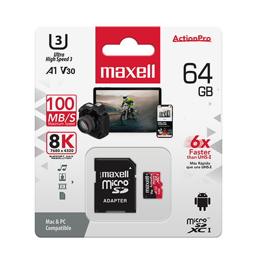 Tarjeta MicroSD Maxell 64GB UH-3 4K