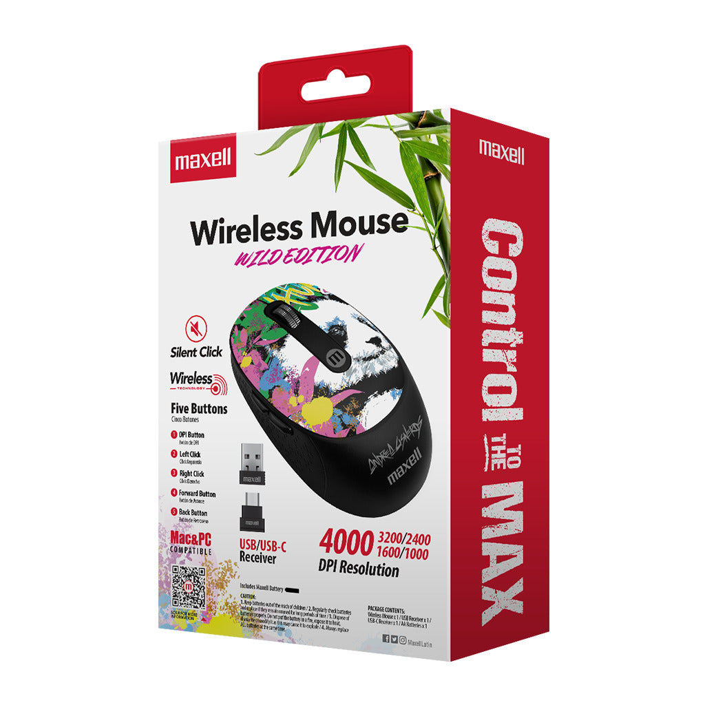 Mouse Inalámbrico Maxell Diseño Wild 4000dpi Usb/usb-c Panda