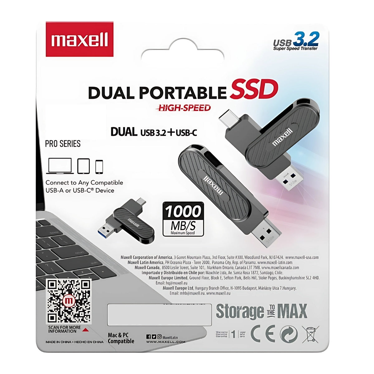 Disco SSD Externo Maxell 256GB 3.2 Dual USB-C 1000MB/s