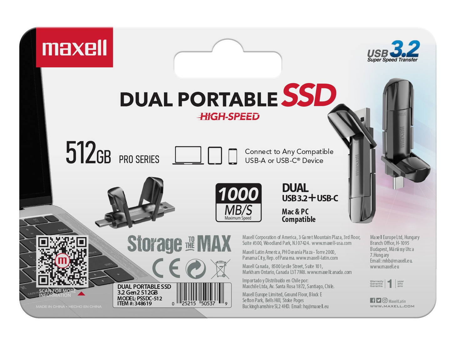 Disco SSD Externo Maxell 512GB 3.2 Dual USB-C 1000MB/s