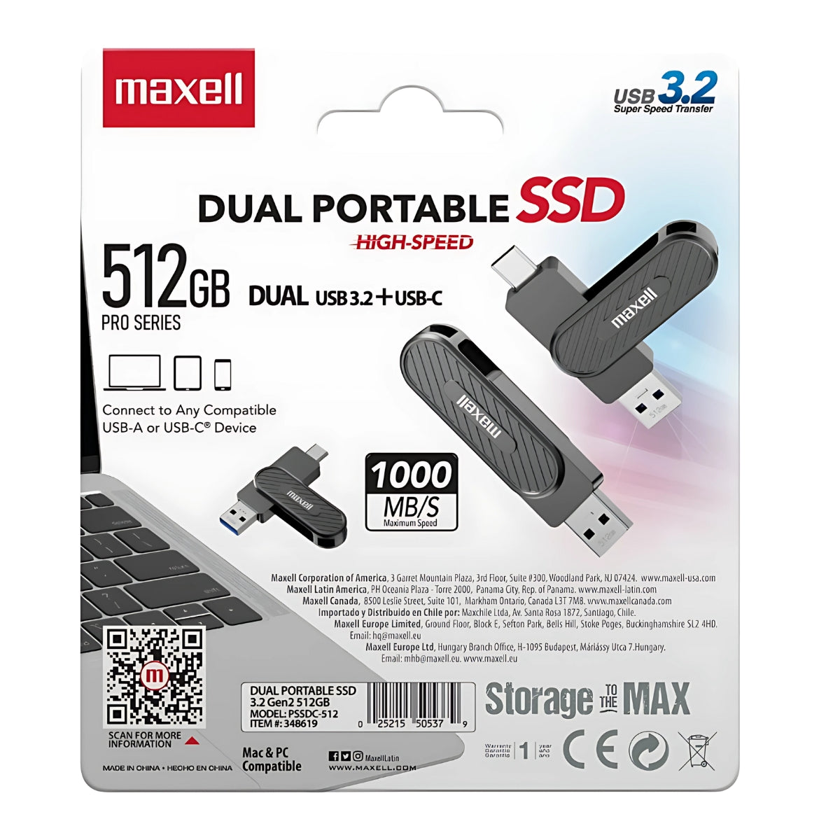 Disco SSD Externo Maxell 512GB 3.2 Dual USB-C 1000MB/s