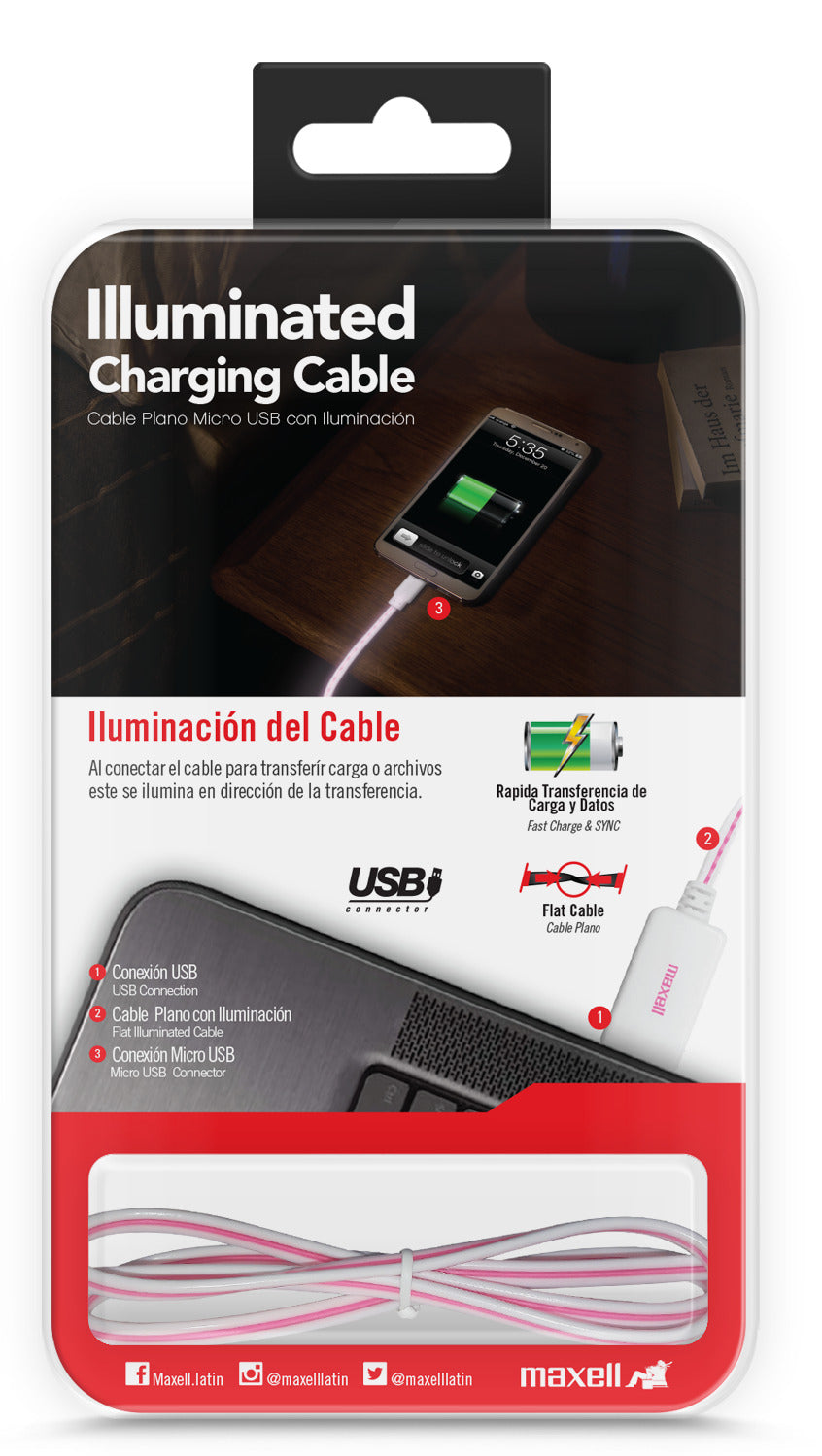 Cable Maxell Iluminado 90cm Microusb Blanco