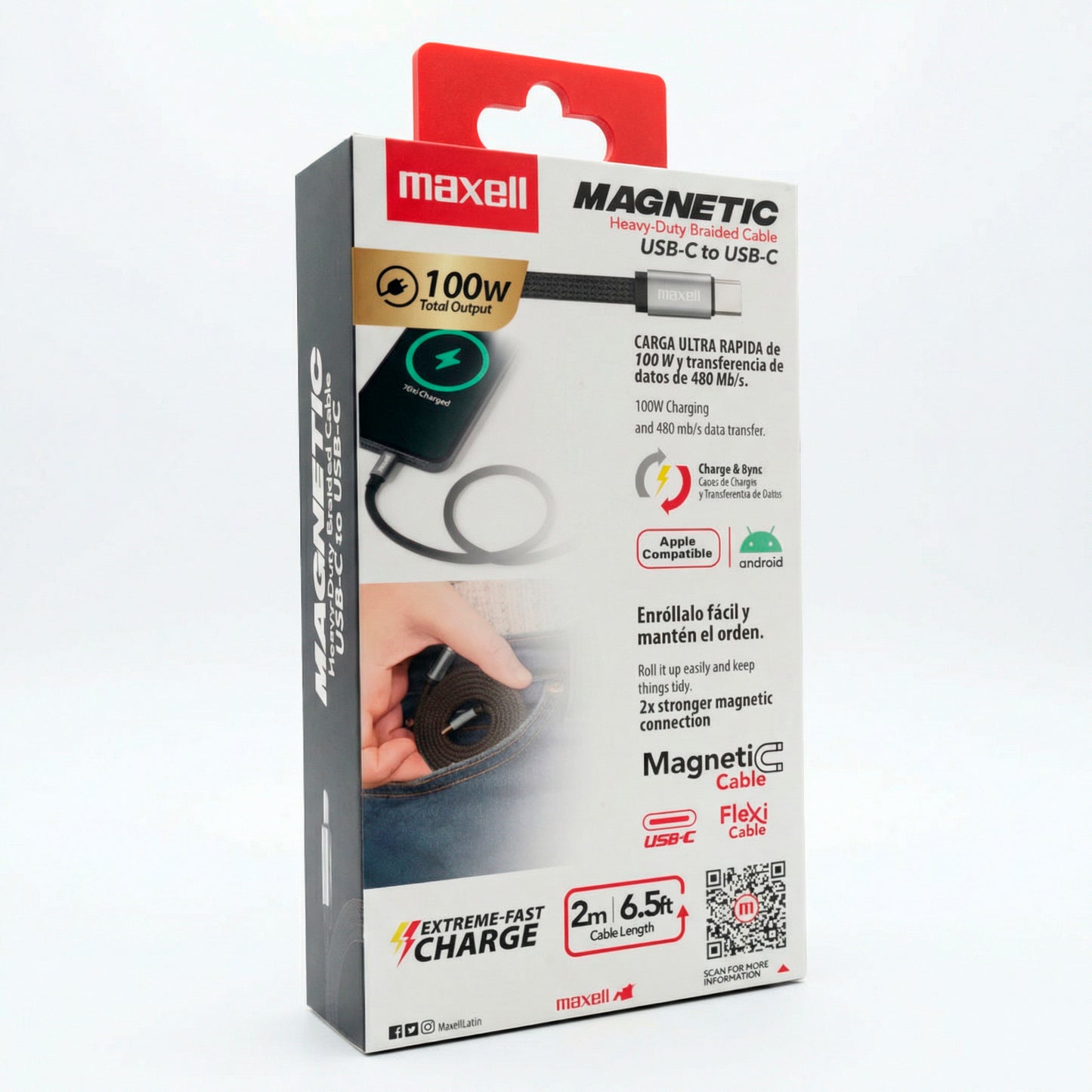 Cable Trenzado Magnético 100W USB C a USB C Maxell 2 Metros Carga Rápida Negro