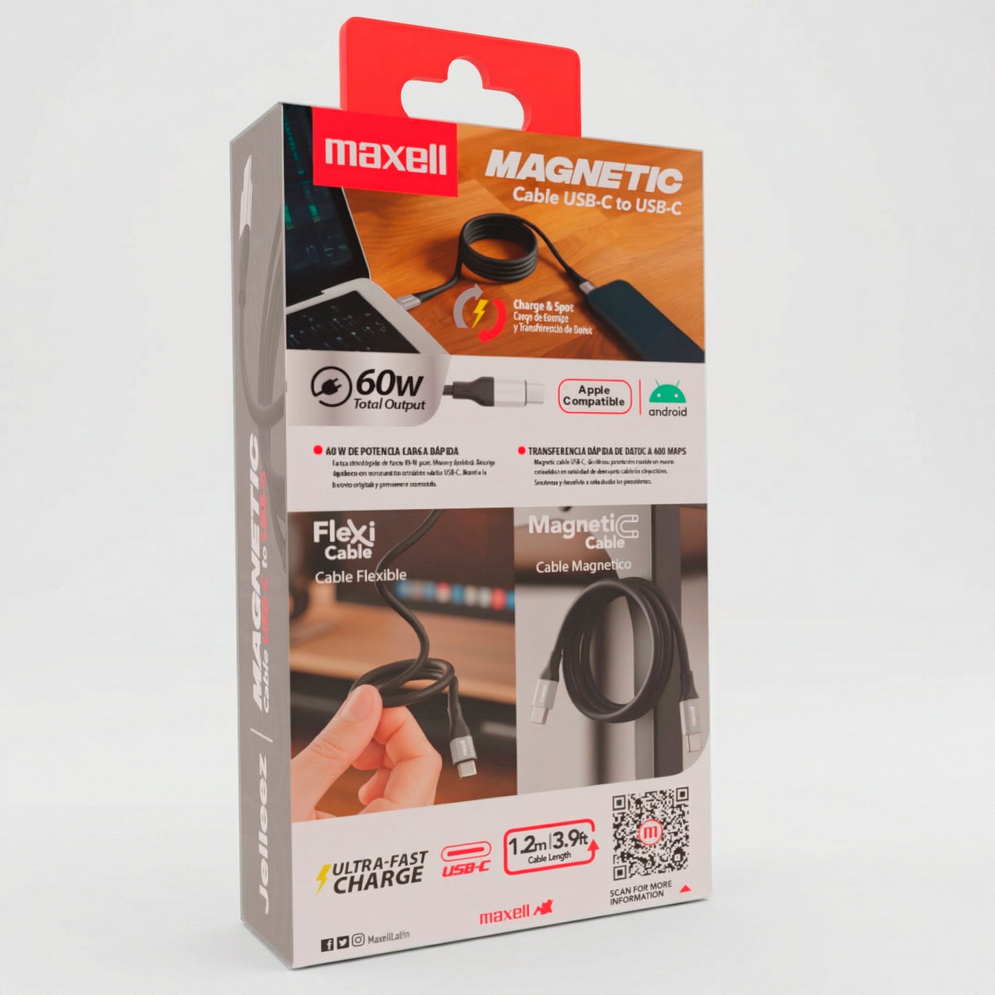 Cable Magnético 60W USB C a USB C Maxell 1.2 Metros Carga Rápida