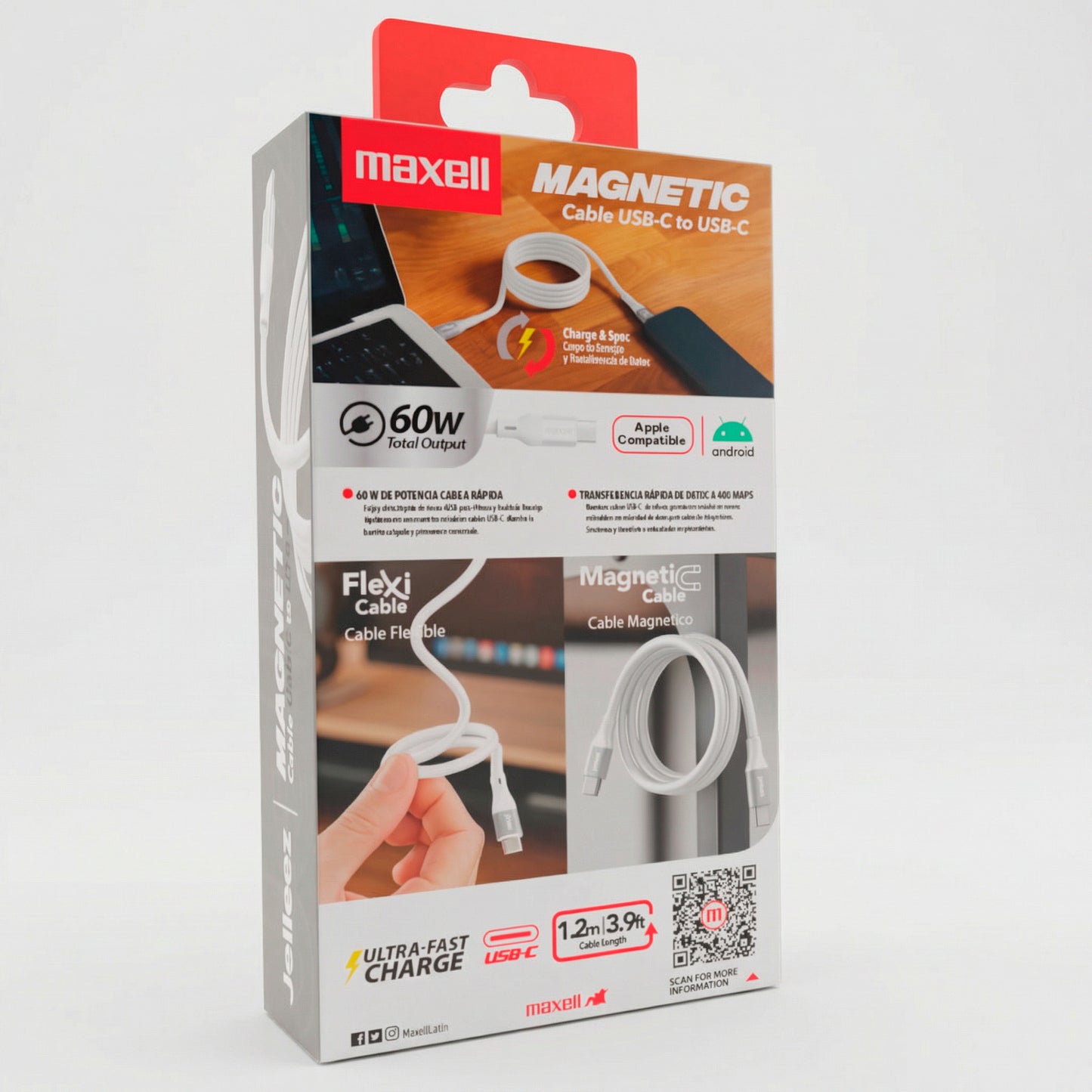 Cable Magnético 60W USB C a USB C Maxell 1.2 Metros Carga Rápida