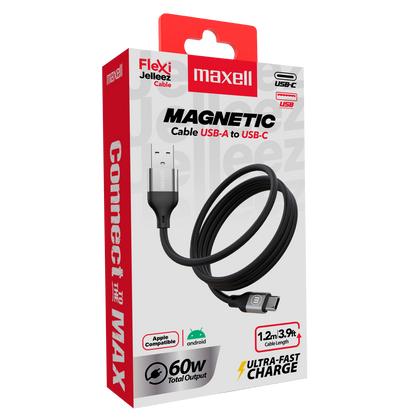 Cable Magnético 60W USB a USB C Maxell 1.2 Metros Carga Rápida Negro