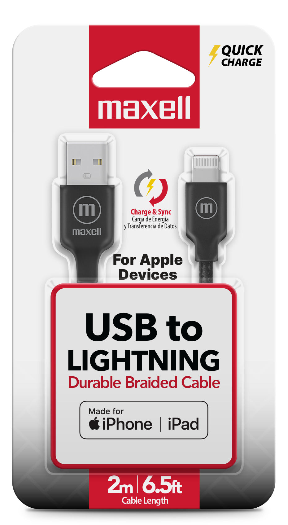 Cable Trenzado Usb A Lightning Maxell 2 Metros Carga Rápida Negro