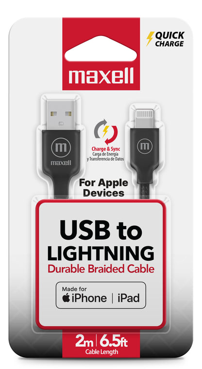 Cable Trenzado Usb A Lightning Maxell 2 Metros Carga Rápida Negro
