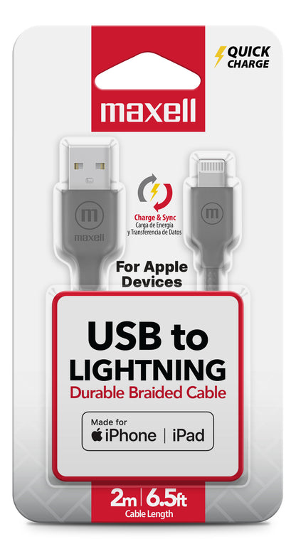 Cable Trenzado Usb A Lightning Maxell 2 Metros Carga Rápida Gris