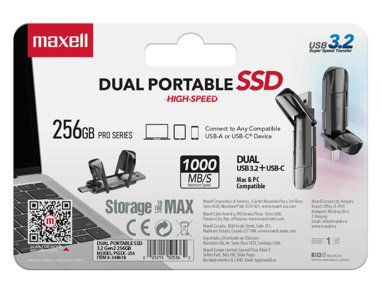 Disco SSD Externo Maxell 256GB 3.2 Dual USB-C 1000MB/s