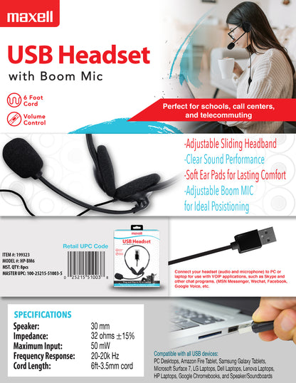 Audífonos Maxell Usb Con Microfono Control De Volumen 1.8Mts