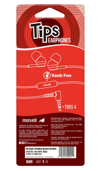 Audífonos Maxell IN-TIPS Con Micrófono In Ear Rojo