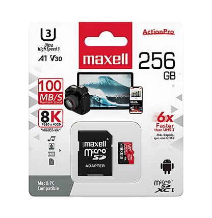 Tarjeta MicroSD Maxell 256GB UH-3 8K 100MB/S