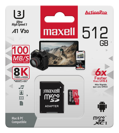 Tarjeta MicroSD Maxell 512GB UH-3 8K 100MB/S