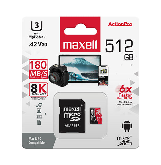 Tarjeta MicroSD Maxell 512GB UH-3 8K A2 180MB/S