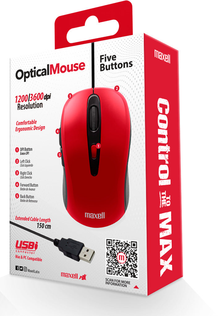 Mouse Óptico Maxell 5 Botones MOWR-105 Rojo