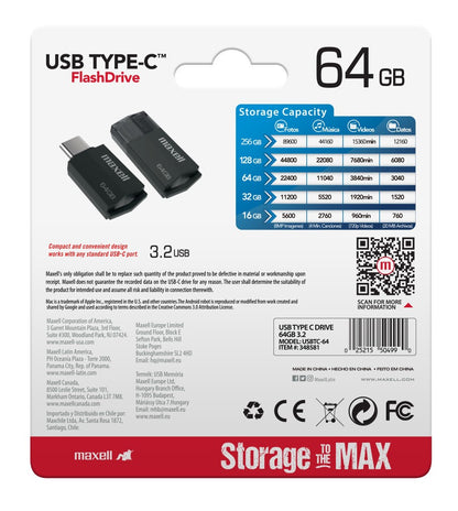 Pendrive Maxell Usbtc Tipo C 64gb 3.2 Negro